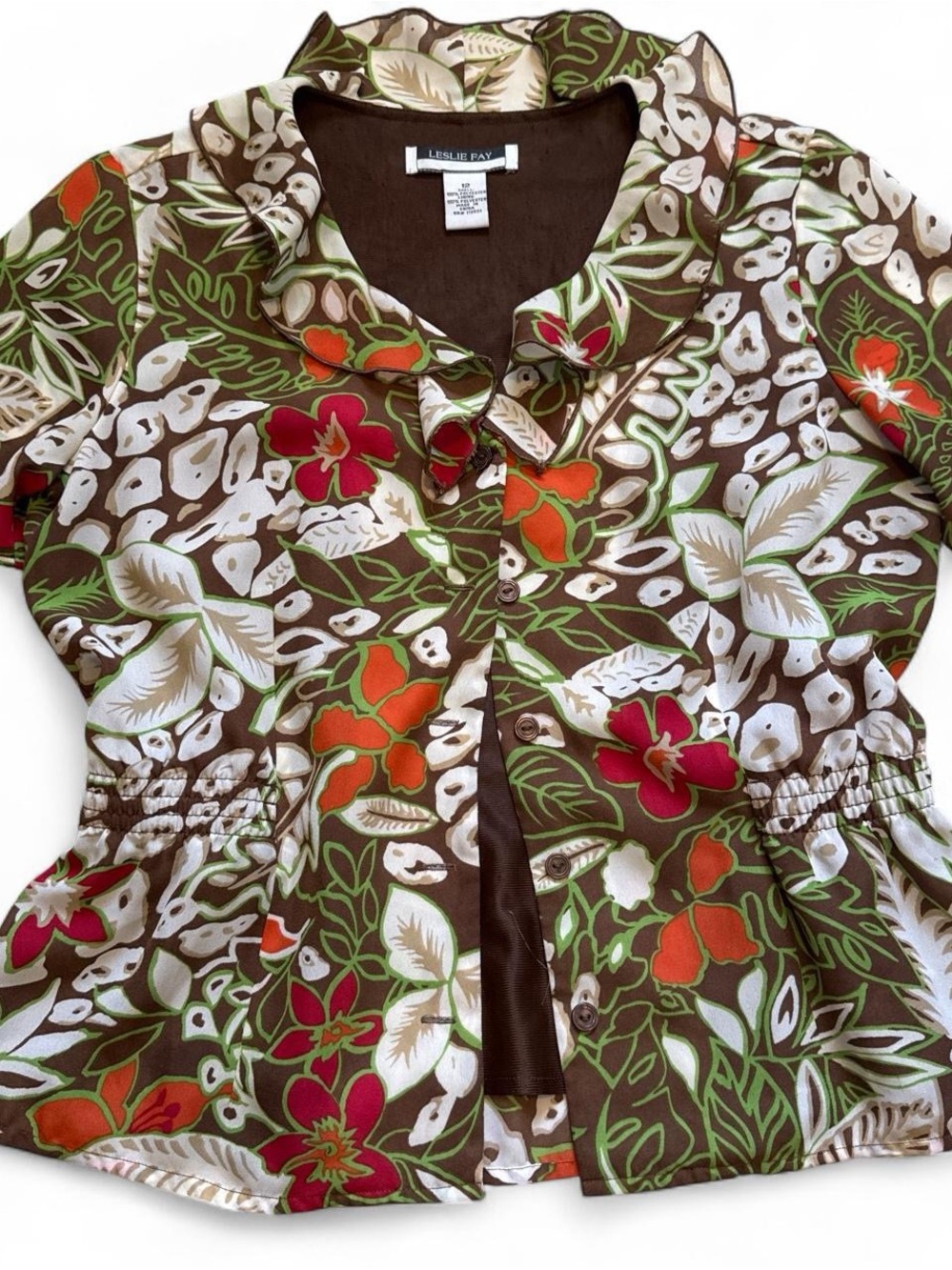 Leslie Fay Brown Floral Button-Front Womens Top